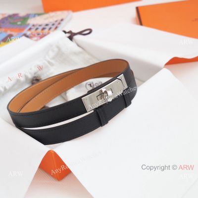 New Replica Hermes Kelly Belt Black with Silver Hardware for Women